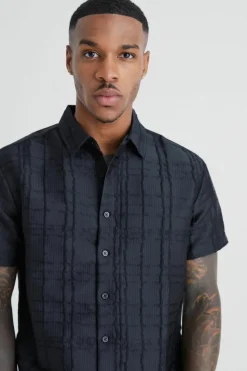 Hot boohooMAN Short Sleeve Textured Tonal Check Shirt black
