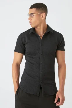 Best Sale boohooMAN Short Sleeve Triangle Geo Muscle Fit Shirt black