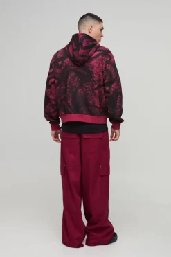 Cheap boohooMAN Shrunken Fit AOP Squiggle Applique MMXIII Zip Through Hoodie berry