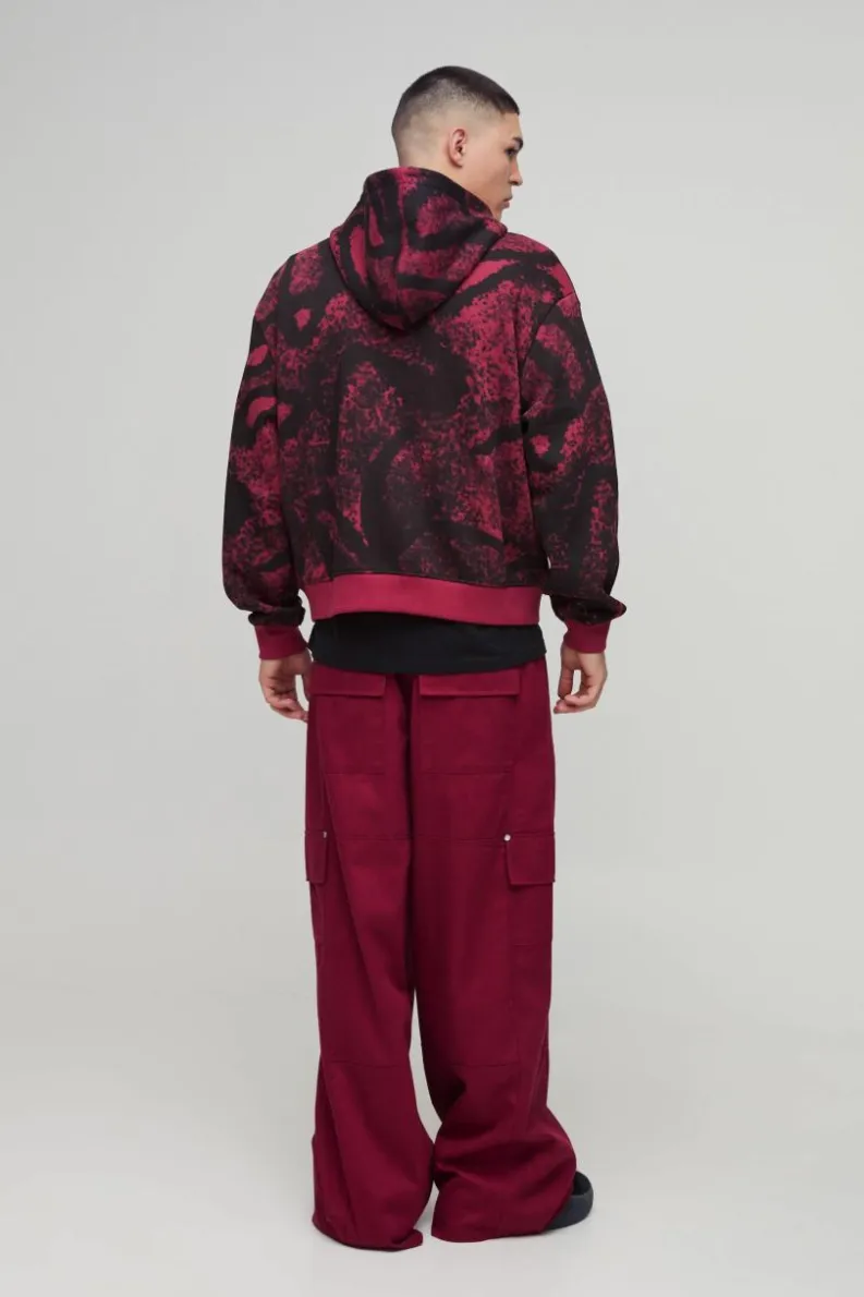 Cheap boohooMAN Shrunken Fit AOP Squiggle Applique MMXIII Zip Through Hoodie berry