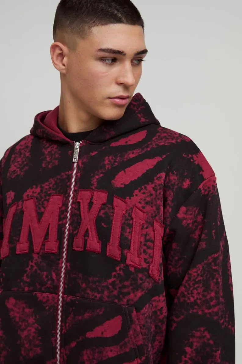 Cheap boohooMAN Shrunken Fit AOP Squiggle Applique MMXIII Zip Through Hoodie berry