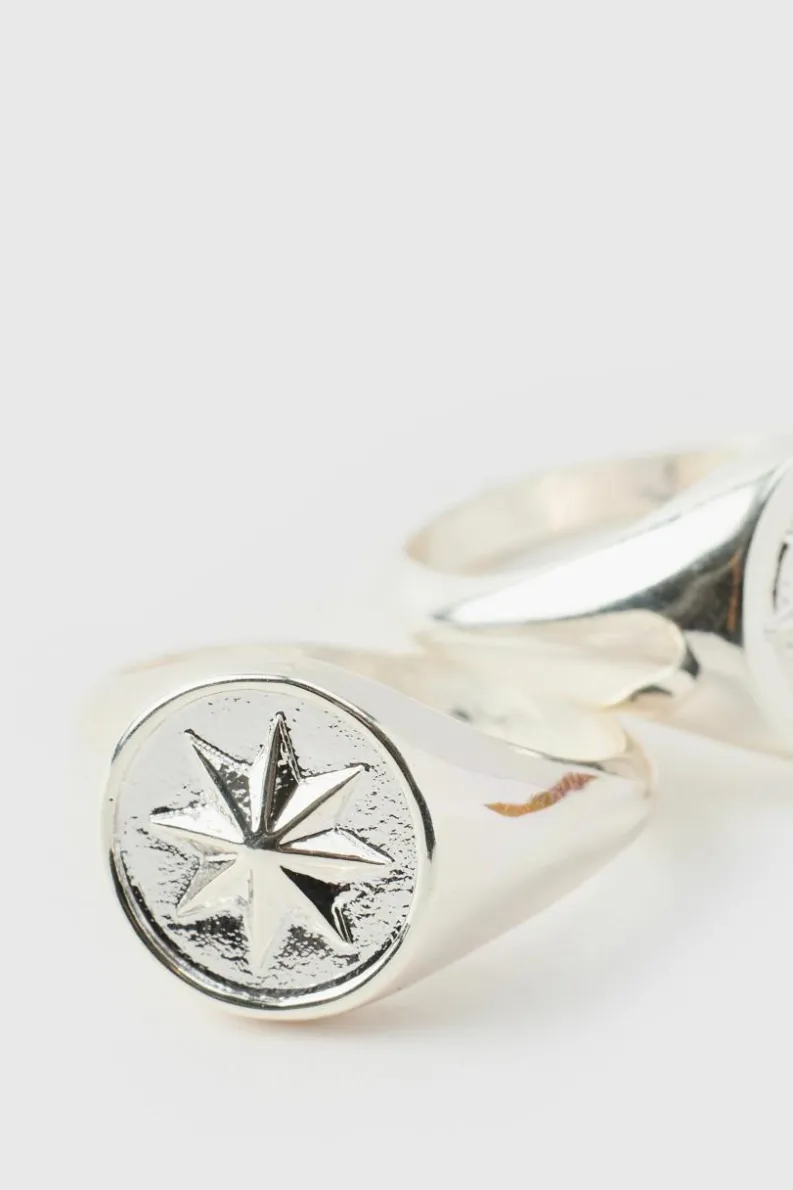 Shop boohooMAN Compass Rings In A 2 Pack silver
