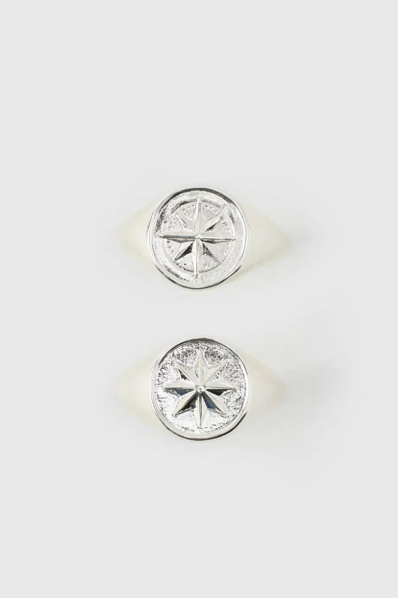 Shop boohooMAN Compass Rings In A 2 Pack silver