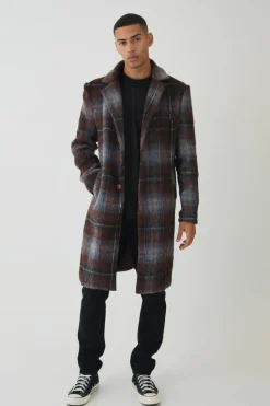 Shop boohooMAN Single Breasted Check Overcoat In blue