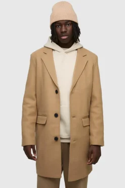 Online boohooMAN Single Breasted Wool Look Overcoat in camel