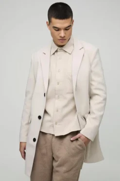 Shop boohooMAN Single Breasted Wool Look Overcoat in beige
