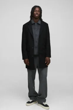 Shop boohooMAN Single Breasted Wool Mix Overcoat black