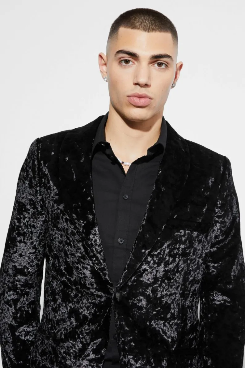 Clearance boohooMAN Skinny Crushed Velvet Blazer black