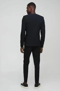 Cheap boohooMAN Skinny Fit Collarless Single Breasted Blazer black