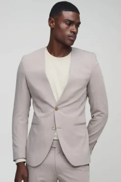Hot boohooMAN Skinny Fit Collarless Single Breasted Blazer stone