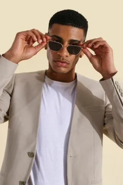 Hot boohooMAN Skinny Fit Collarless Single Breasted Blazer stone