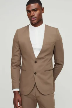 Store boohooMAN Skinny Fit Collarless Single Breasted Blazer khaki