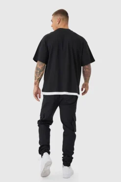 Sale boohooMAN Skinny Fit Elasticated Waist Cuffed Cargo Trousers black