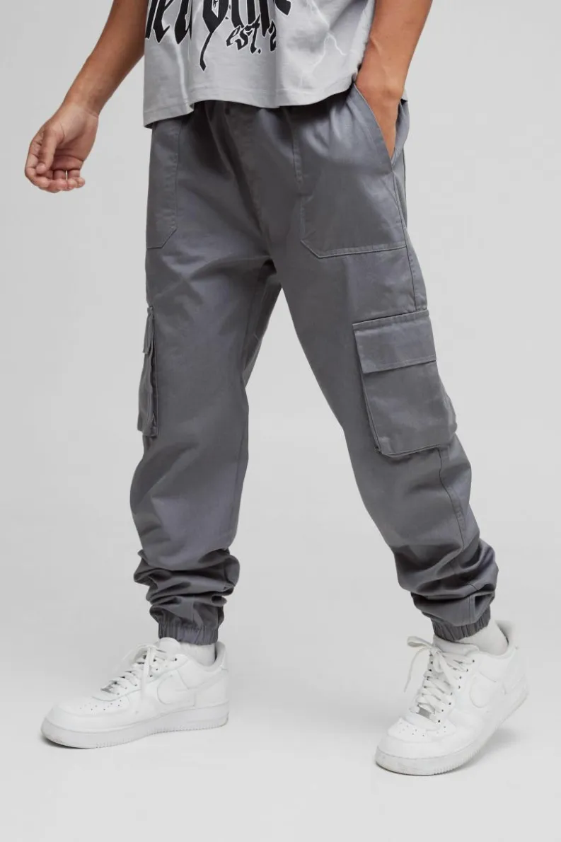 Cheap boohooMAN Skinny Fit Elasticated Waist Cuffed Cargo Trousers charcoal