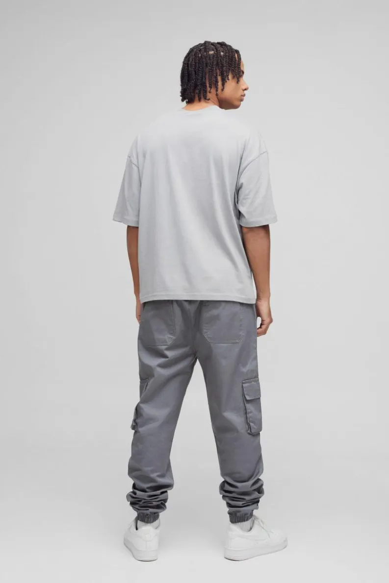 Cheap boohooMAN Skinny Fit Elasticated Waist Cuffed Cargo Trousers charcoal
