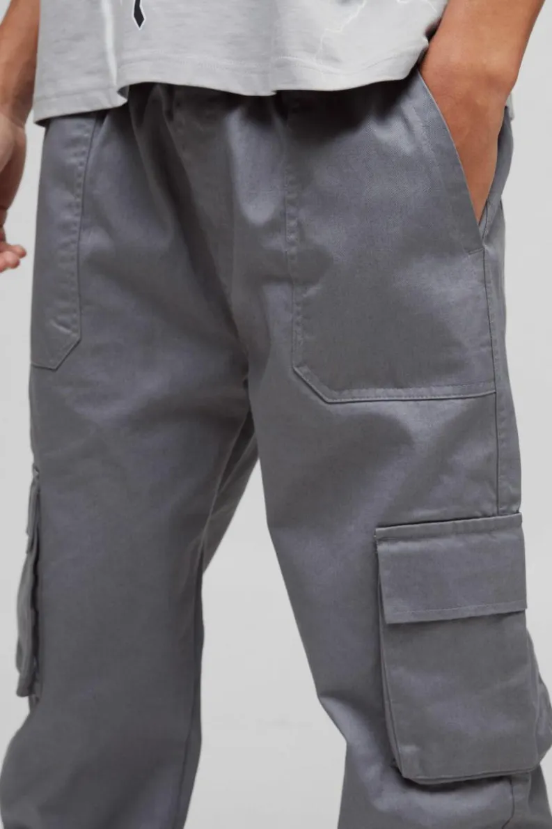 Cheap boohooMAN Skinny Fit Elasticated Waist Cuffed Cargo Trousers charcoal