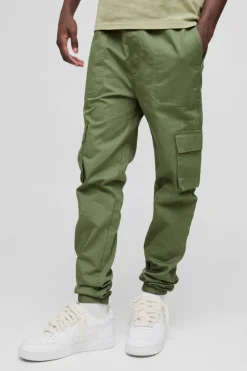 Outlet boohooMAN Skinny Fit Elasticated Waist Cuffed Cargo Trousers khaki