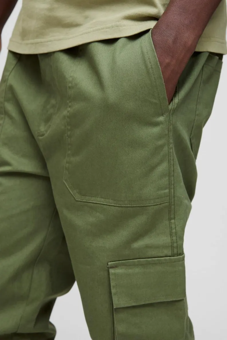 Outlet boohooMAN Skinny Fit Elasticated Waist Cuffed Cargo Trousers khaki