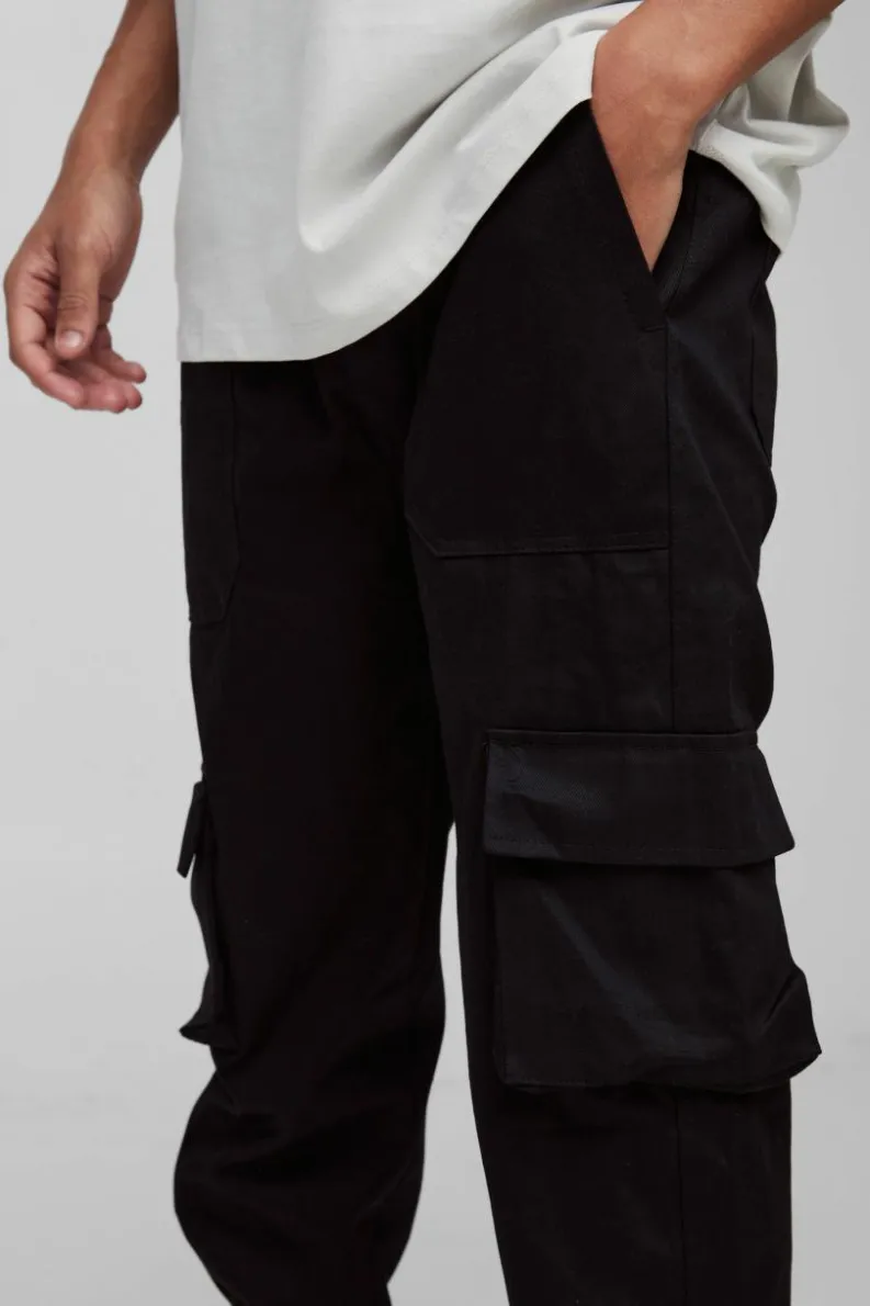 Cheap boohooMAN Skinny Fit Elasticated Waist Cuffed Cargo Trousers black