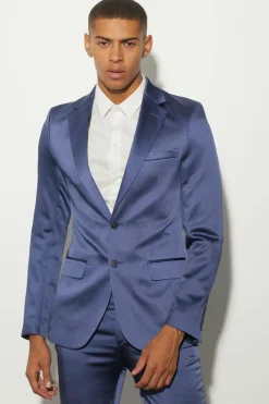 Discount boohooMAN Skinny Fit Satin Suit Jacket marine blue