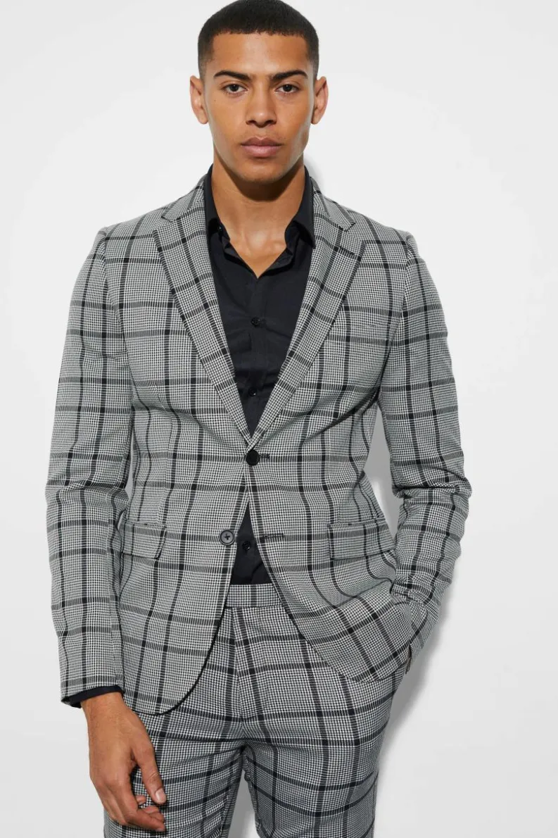 Cheap boohooMAN Skinny Fit Single Breasted Check Suit Jacket black