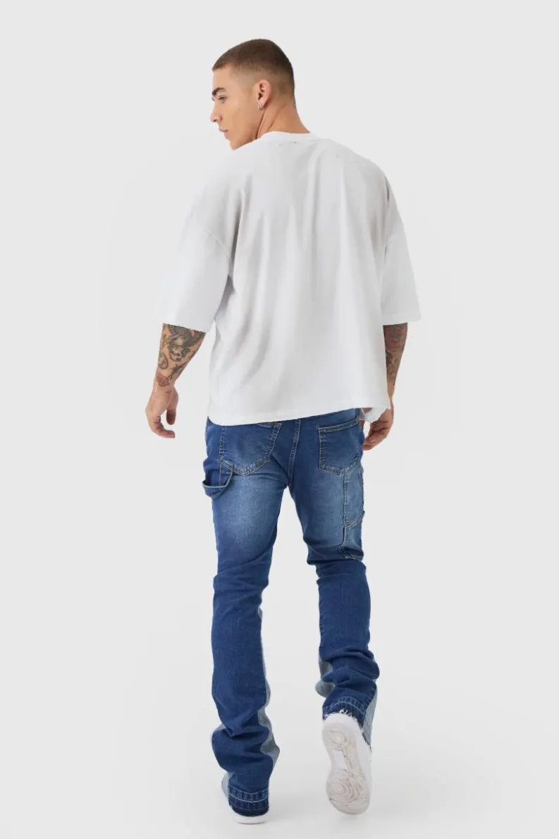 Cheap boohooMAN Skinny Flared Stacked Carpenter Gusset Jeans blue