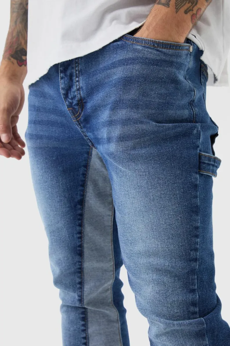 Cheap boohooMAN Skinny Flared Stacked Carpenter Gusset Jeans blue