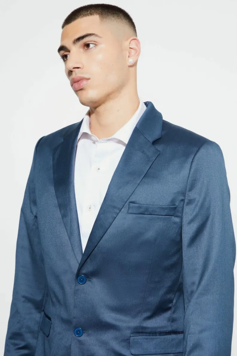 Sale boohooMAN Skinny Satin Suit Jacket navy