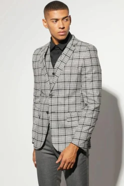 Online boohooMAN Skinny Single Breasted Check Suit Jacket black