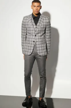 Online boohooMAN Skinny Single Breasted Check Suit Jacket black