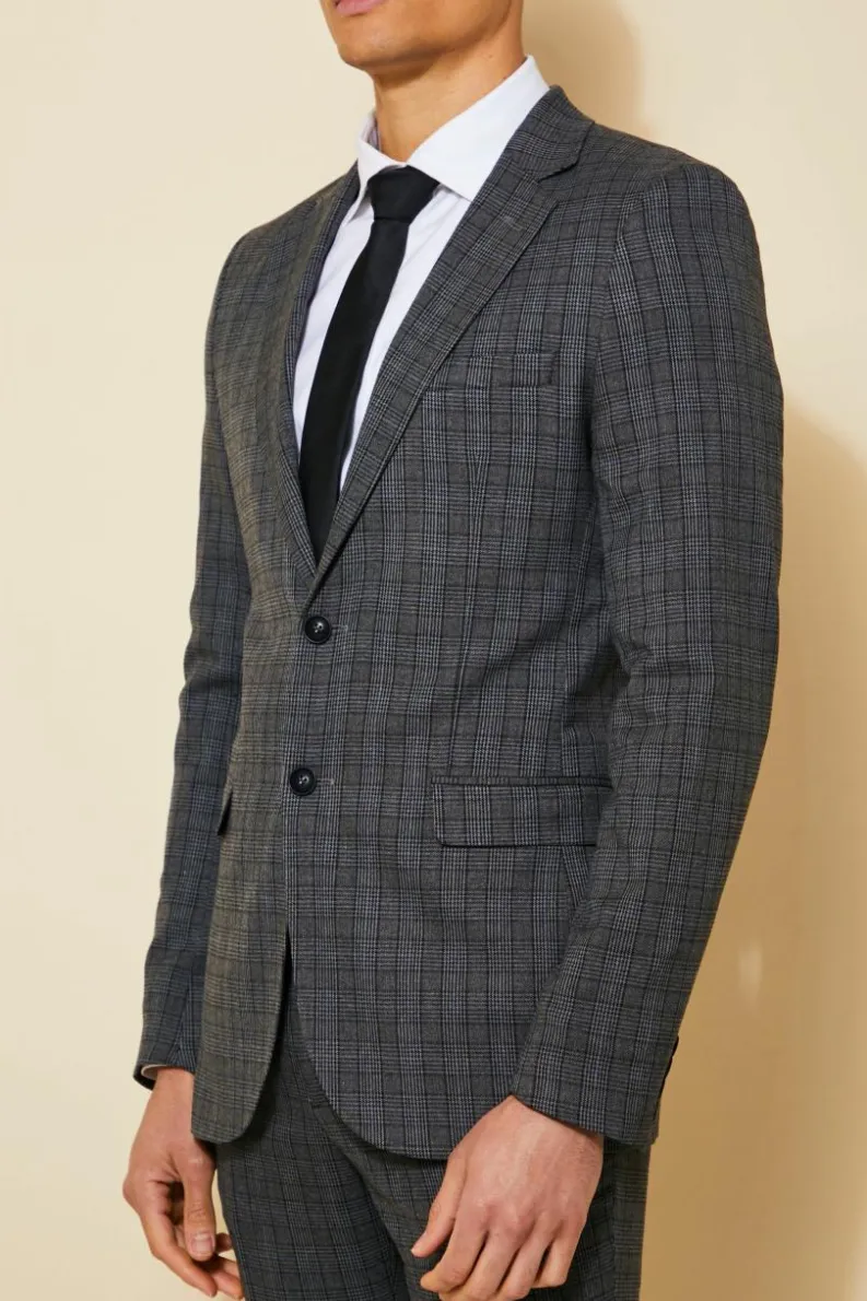 Store boohooMAN Skinny Single Breasted Check Suit Jacket dark grey
