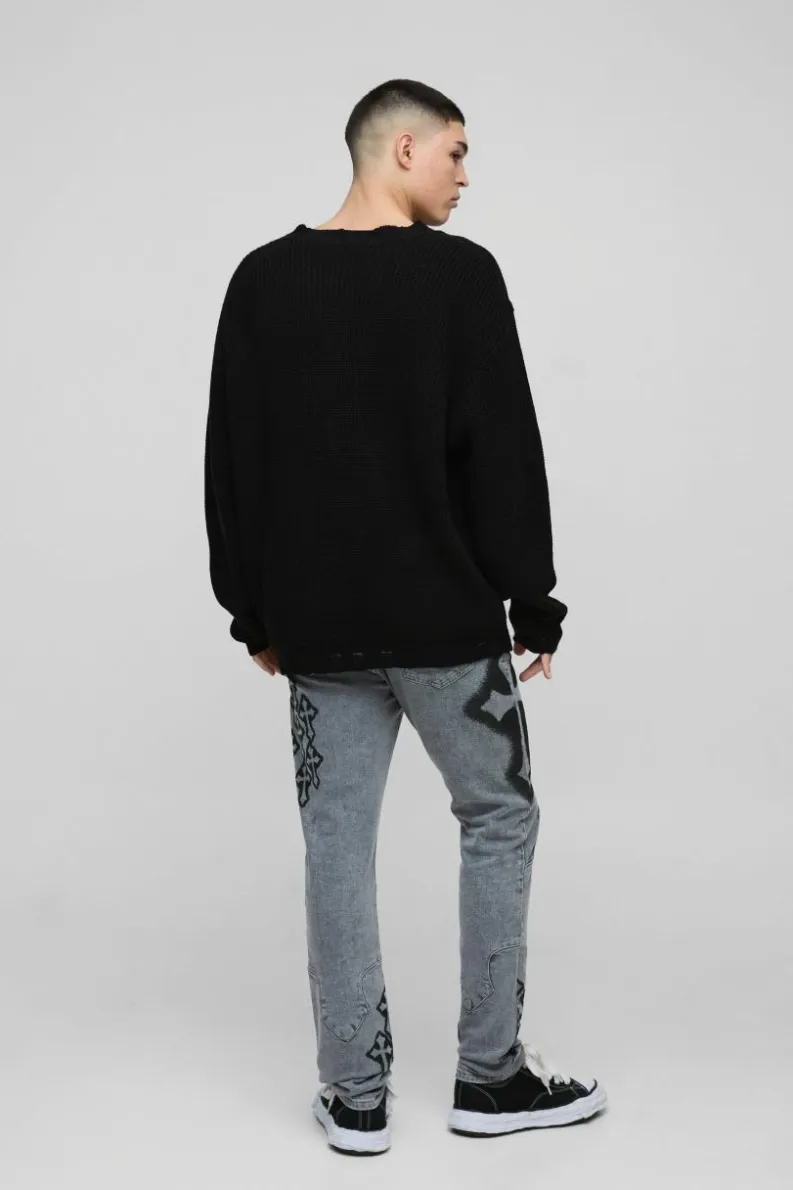 New boohooMAN Skinny Stacked Cross Spray Printed Jeans light grey