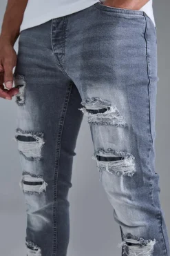 Sale boohooMAN Skinny Stacked Distressed Ripped Jeans In grey