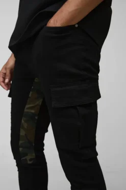 Discount boohooMAN Skinny Stacked Flare Camo Gusset Cargo Trouser black