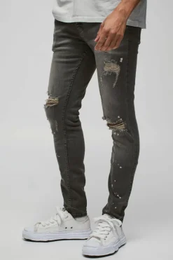 Best boohooMAN Skinny Stretch Bleached Ripped Knee Jeans grey