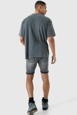 Sale boohooMAN Skinny Stretch Denim Shorts In charcoal