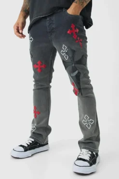 Online boohooMAN Skinny Stretch Flare Cross Applique Jeans charcoal
