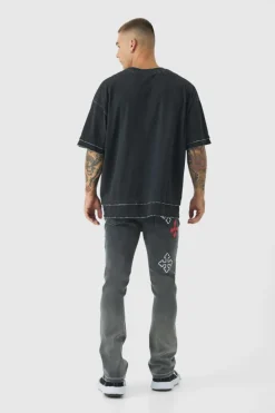 Online boohooMAN Skinny Stretch Flare Cross Applique Jeans charcoal