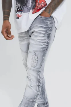 Cheap boohooMAN Skinny Stretch Heavy Bleached Ripped Jean ice grey