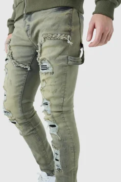 Best Sale boohooMAN Skinny Stretch Multi Rip Carpenter Jeans In Antique grey