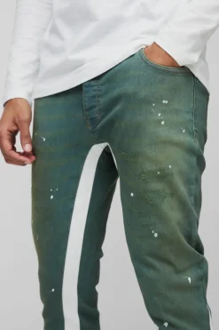 Discount boohooMAN Skinny Stretch Ripped Paint Splat Gusset Jeans grey