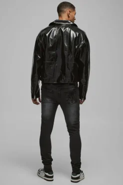 Shop boohooMAN Skinny Stretch Stacked Biker Rip & Repair Jeans true black
