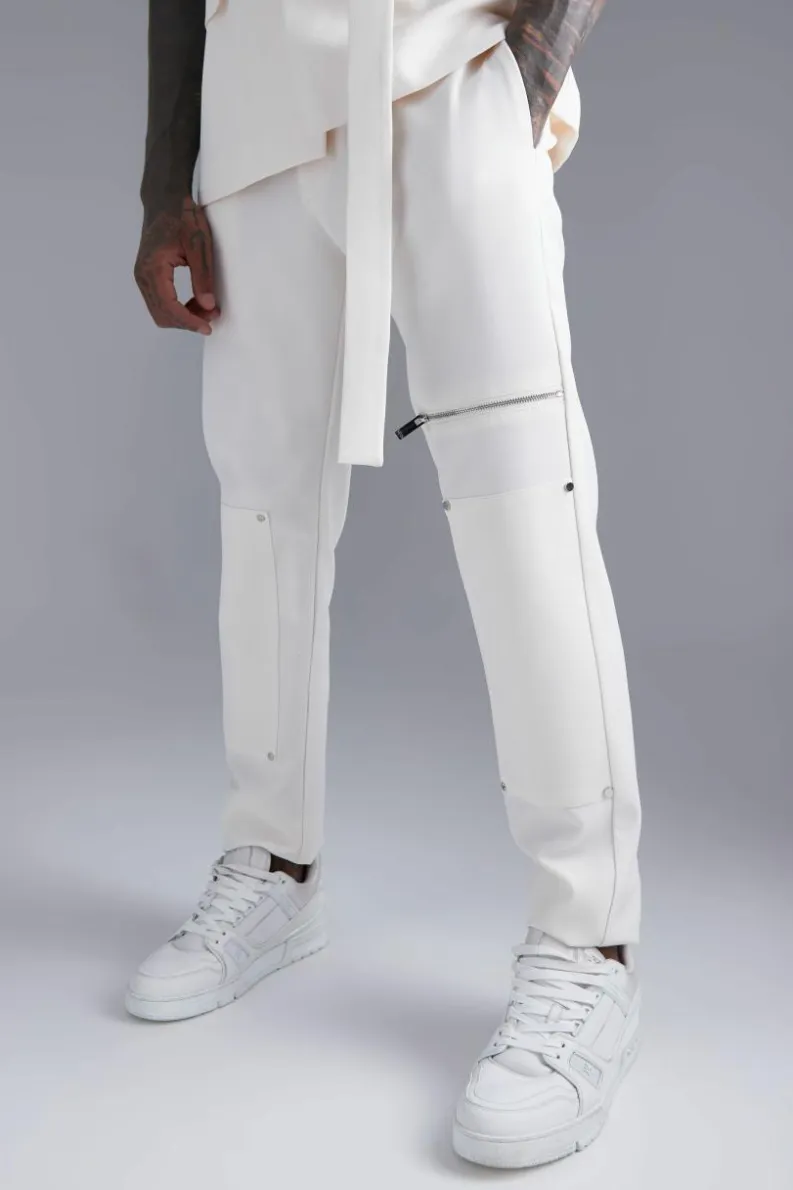 Shop boohooMAN Skinny Zip Suit Trouser ecru