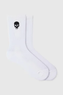 Shop boohooMAN Skull Embroidered Sports Socks white