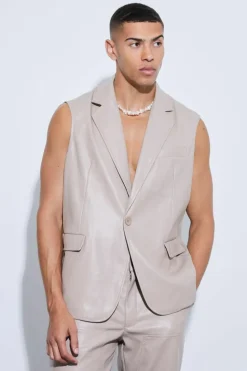 Best boohooMAN Sleeveless Pu Single Breasted Suit Jacket stone