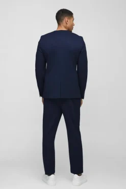 Clearance boohoo Slim Collarless Waffle Texture Suit navy