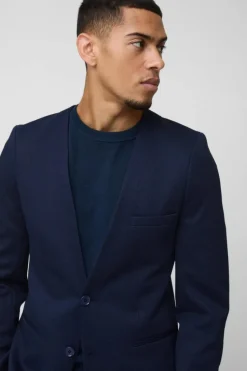 Best boohooMAN Slim Collarless Waffle Texture Blazer navy