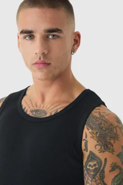 New boohooMAN Slim Fit Branded Ribbed Vest black