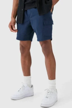 Outlet boohooMAN Slim Fit Elasticated Waist Cargo Shorts navy