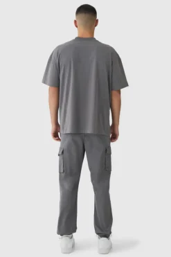 Clearance boohooMAN Slim Fit Elasticated Waist Woven Tab Cuffed Cargo Trousers charcoal